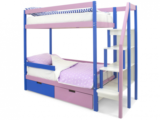 Двухъярусная кровать Svogen с ящиками и бортиком синий-лаванда